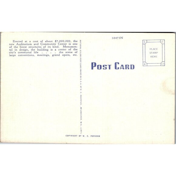 Postcard, Vintage,St Louis, Mo, Municipal Auditorium and Community Center,  PC14 - Picture 2 of 2